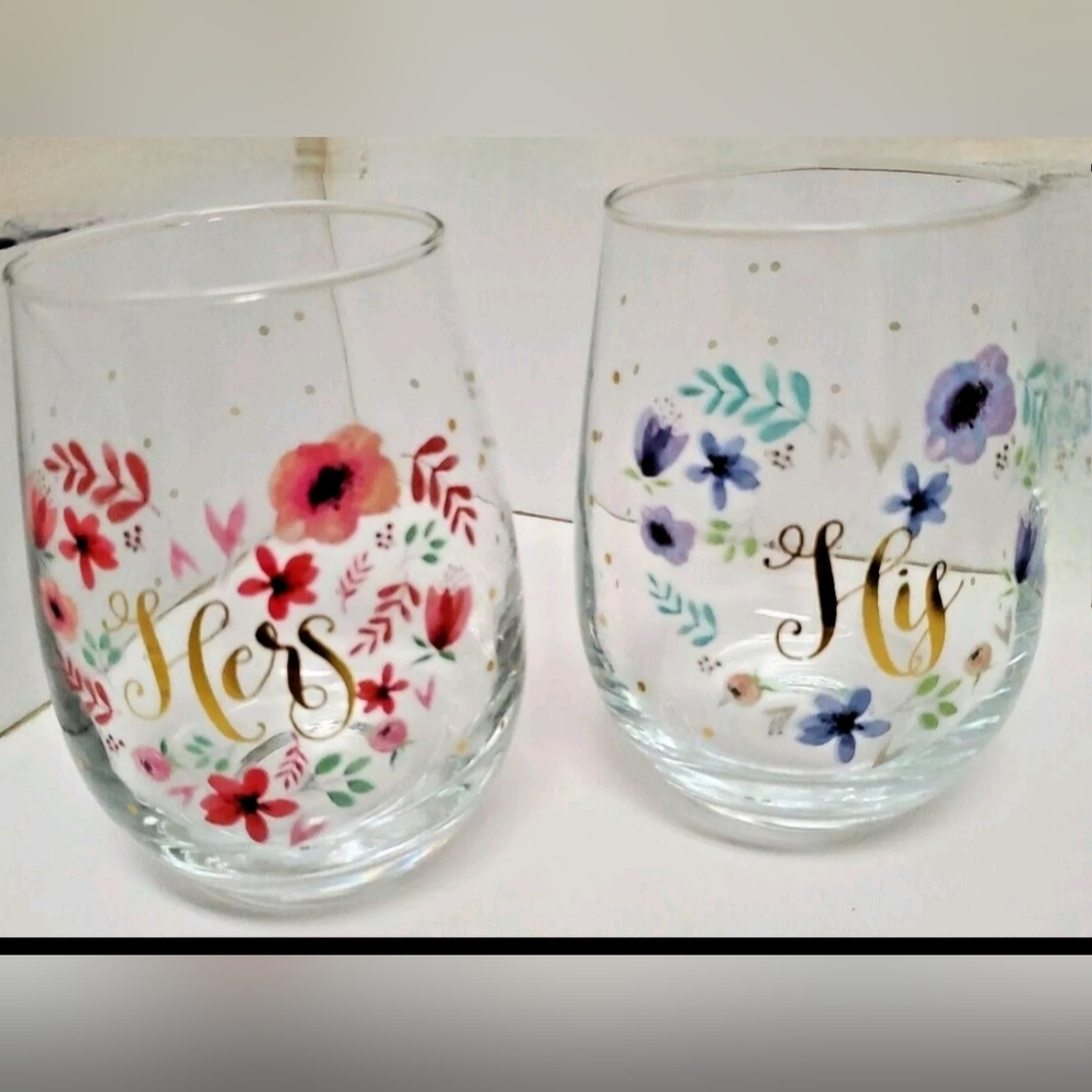 Pair of His & Hers Stemless Wine Glasses with Floral Decor & Gold Dots